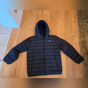 Eddie Bauer Kids sz L Down Jacket Coat Black Navy Blue Winter Ski Puffer